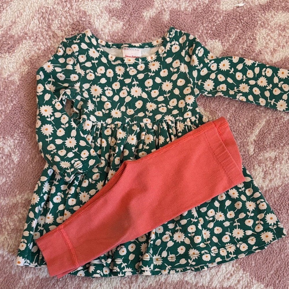 Hanna Andersson Green Floral Dress with Coral Leggings